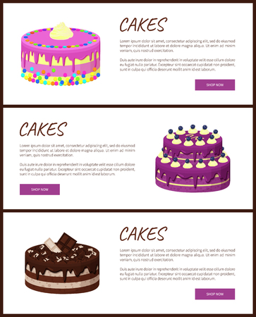 Cakes variety delicious desserts, web page for online shopping with text, sweet bakery with cream, banners isolated on vector illustrationのイラスト素材