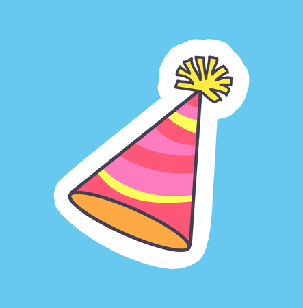Festive colorful hat banner vector illustration of bright celebration cap with yellow and bright pink stripes isolated on blue background, cuto buboのイラスト素材