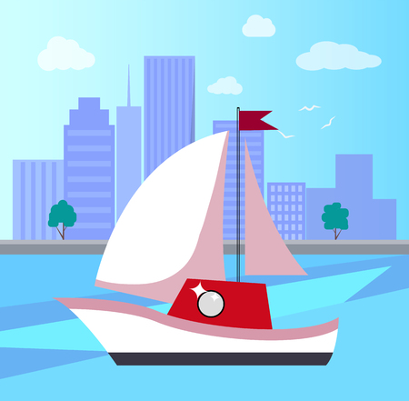 Sailboat in Town on River Vector Illustrationのイラスト素材
