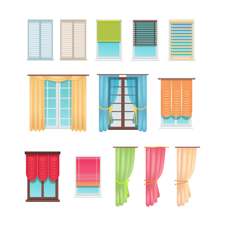 Luxurious curtains made of dense and light fabric and practical jalousies of plastic and wood hang on windows isolated cartoon vector illustrations.のイラスト素材