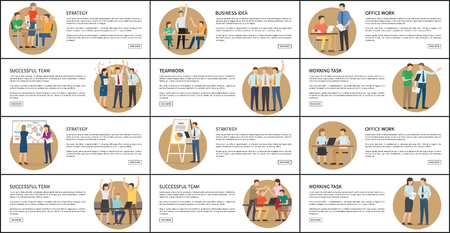 Office work strategy business vector illustrations of set of business cards, successful employees with schedules and laptops working on various tasksのイラスト素材