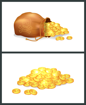 Golden coins in pirate bag of brown color with symbolic image of skull and bones, wealth and richness, vector illustration isolated on whiteのイラスト素材