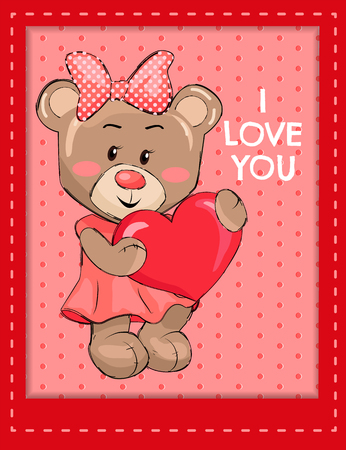 I Love You Poster with Bear Female Holds Red Heartのイラスト素材