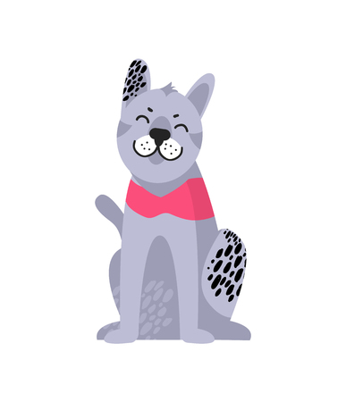 Grey Dog with Black Spots in Collar Sits on Floorのイラスト素材
