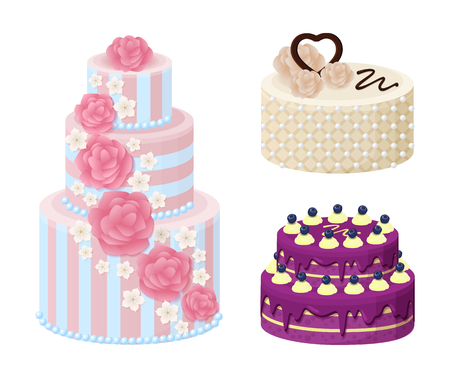 Sweet bakery collection, poster with cakes made of cream and biscuit, berries and chocolate, strawberries and blueberries, isolated on vector illustrationのイラスト素材