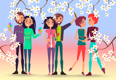 Happy couples and Cherry Blossoms Illustrationのイラスト素材