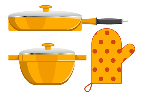 Three kitchen instruments vector illustration of orange devices, frying pan with flat cap and handle on it, deep bowl and glove isolated on whiteのイラスト素材