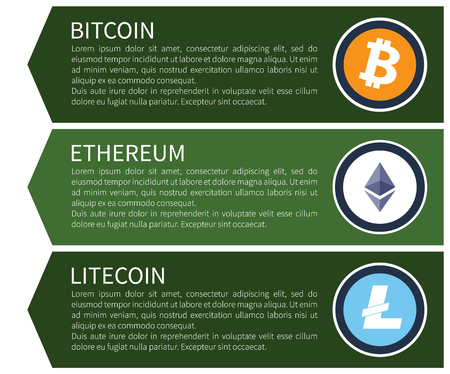 Orange Bitcoin, White Ethereum and Blue Litecoin.のイラスト素材