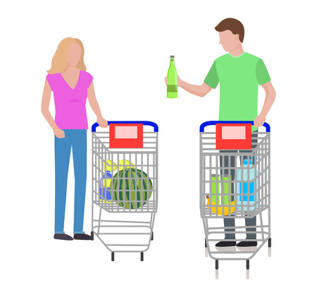 Man and Woman at Supermarket Vector Illustrationのイラスト素材