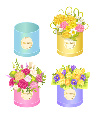 Flowers in Boxes Set of Spring Ddelicious Bouquetsのイラスト素材