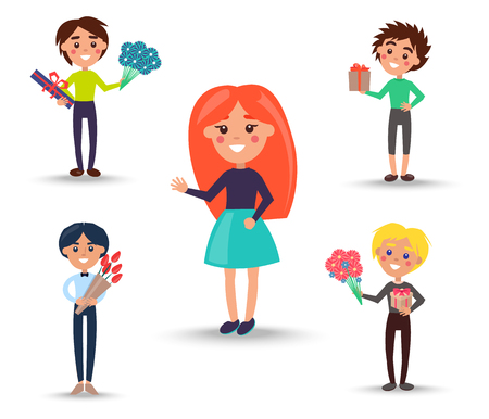 Redhead Girl in Full Skirt and Boys with Giftsのイラスト素材