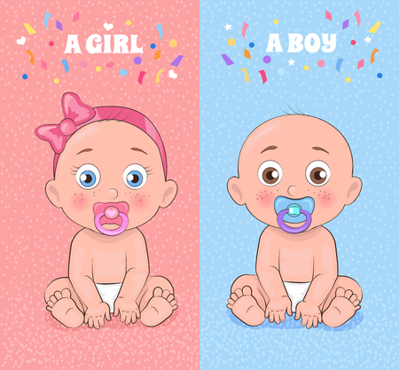 Baby Boy and Baby Girl Set Vector Illustrationのイラスト素材