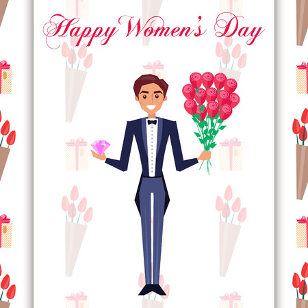 Happy Women's Day Greeting Card with Man in Tuxedoのイラスト素材
