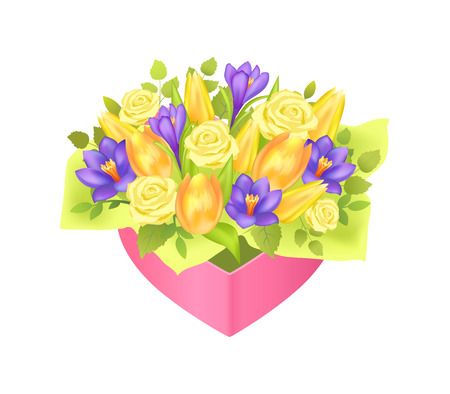 Beautiful bouquet with cute green wrapping paper vector illustration isolated on white backdrop pink festive box yellow roses and tulips, lilac irisesのイラスト素材