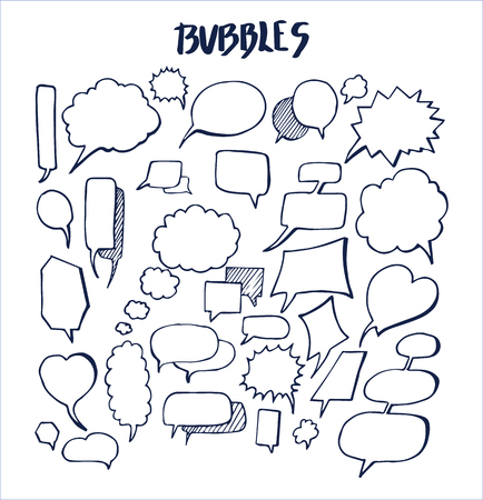 Set of hand drawn bubbles vector illustration with various oval heart rectangular rhombic and acute-angled templates of speech bulb isolated on whiteのイラスト素材