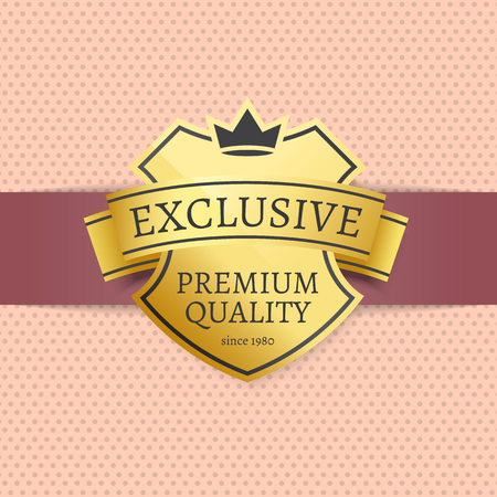 Exclusive premium best quality golden label since 1980 gold stamp vector poster on dotted background. Promo sticker with crown, guarantee certificateのイラスト素材