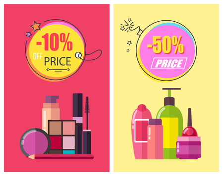 -50 off price, poster set with circles and headlines, shampoo and eyeshadows, pencil and mascara, shampoo and gels, isolated on vector illustrationのイラスト素材