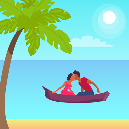 Summer love affair banner with kissing couple sailing together in one boat, relationships of strangers during vacation at summertime at seaside with palmsのイラスト素材