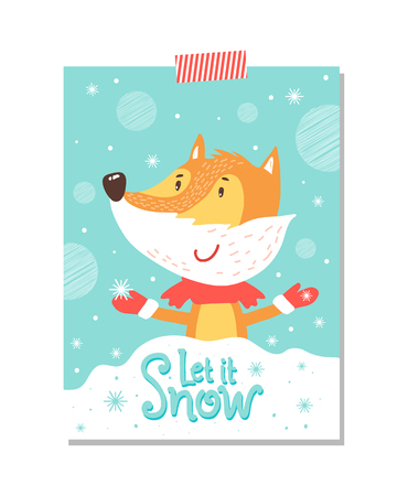 Let it Snow Postcard with Smiling Fox in Scarfのイラスト素材