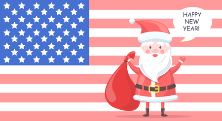 Traditional Santa Clause character holds big bag with gifts and wishes happy New Year on background with USA flag cartoon vector illustration.のイラスト素材