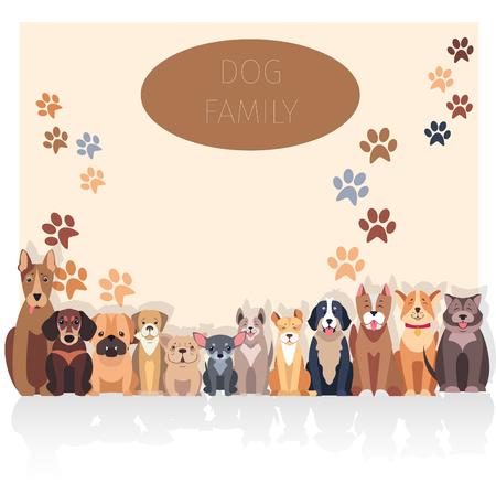 Dog family banner in purebred concept. Vector of Bernese Mountain and Central Asian hounds, French and English Bulldog, Chihuahua and boxer, Jack Russell and Bull Terrier, puppy of Argentinian Dog.のイラスト素材