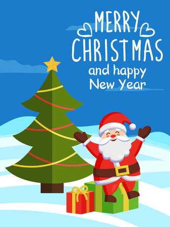 Merry Christmas and Happy New Year inscription, poster Santa Claus sits on gift boxes on winter landscape near decorated Xmas tree vector illustrationのイラスト素材