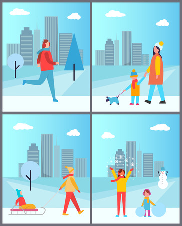 People Walks in Winter with Cityscape Behind Setのイラスト素材
