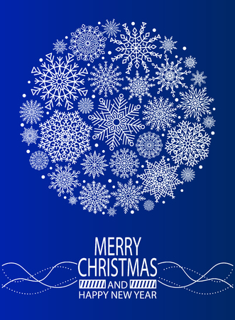 Merry Christmas and Happy New Year cover design with snowflake ball created from ornamental patterns vector illustration isolated on blue backgroundのイラスト素材
