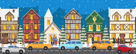 Row of Houses Decorated with Luminous Garlandsのイラスト素材
