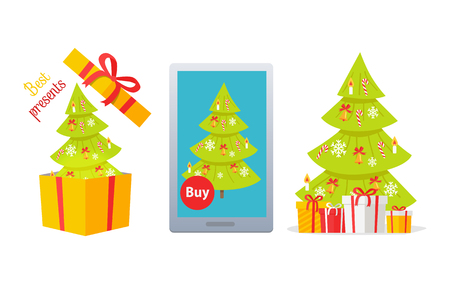Set of winter holidays presents vector concepts with Christmas tree. Decorated spruce in gift box, on tablet screen and with wrapped gifts flat vector illustrations isolated on white backgroundのイラスト素材