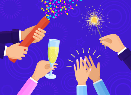 People hands with champagne glass, big slapstick full of confetti and bright sparkler isolated cartoon flat vector illustration on blue background.のイラスト素材