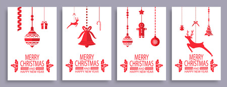 Merry Christmas and happy New Year set of posters isolated on white background. Vector illustration with xmas tree surrounded by cookies, glass balls and deerのイラスト素材