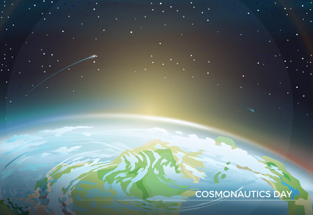 Cosmonautics Day themed poster with Earth part and bright Sun on horizon among bright stars in dark endless sky cartoon flat vector illustration.のイラスト素材