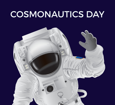 Cosmonautics Day promotional poster with spaceman in modern white pressure suit that waves with his hand isolated cartoon flat vector illustration.のイラスト素材