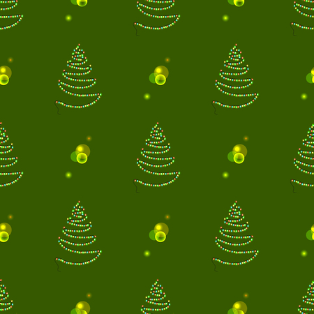 Christmas abstract tree made of garlands with glittering lamps lights vector illustration seamless pattern on green, decorative New Year elementのイラスト素材