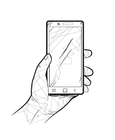 Hand holding smartphone sketch silhouette in black and white. Vector illustration of icon with device isolated on clear backgroundのイラスト素材