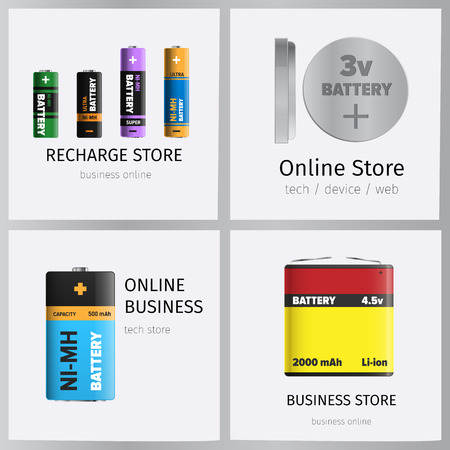 Recharge online business store elements banners set. Powerful batteries for electronic units with various power capacity. Energy replenishment appliances vector. Galvanic device for power charge.のイラスト素材