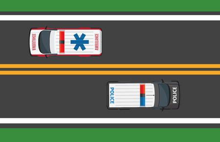 Top view of driving ambulance and police autos in opposite directions. Asphalt black road with double yellow stripe and two special vehicles. Vector illustration of traffic on roadway in flat styleのイラスト素材