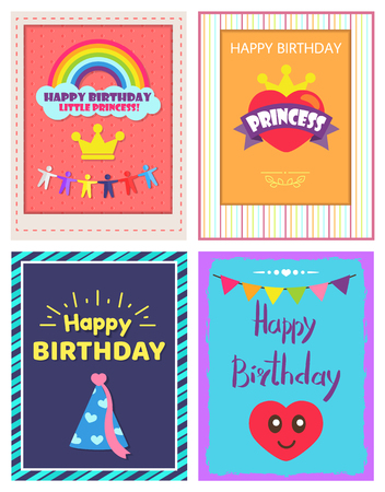 Happy Birthday princess, posters collection, rainbow and headline with men, heart and crown, celebration cap, isolated on vector illustrationのイラスト素材