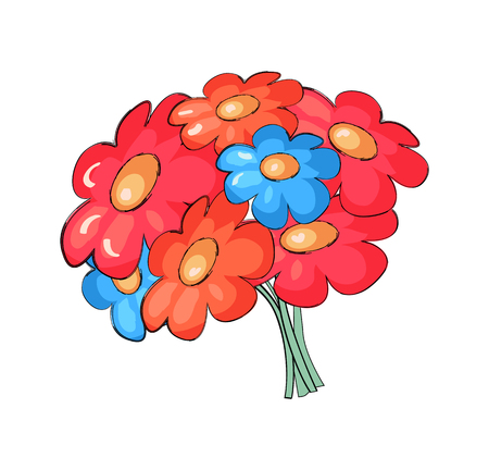 Bouquet of colorful flowers of pink and blue color vector illustration isolated on white background. Luxury spring blooming plants in cartoon designのイラスト素材