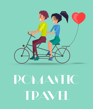 Romantic travel vector illustration with couple riding on twin bike with heart shape balloon at back, happy lovers having fun together, Valentines Dayのイラスト素材