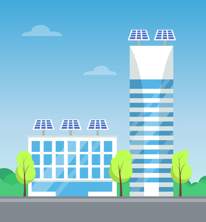 Pair of White Buildings with Lot of Blue Windowsのイラスト素材