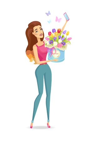 Woman and Bouquet Poster, Vector Illustrationのイラスト素材