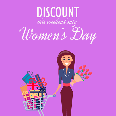 Discount only for this weekend on Womens Day promotion poster. Woman with bouquet and cart full of presents vector illustration.のイラスト素材