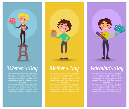 Smiling Boy with Presents and Flowers for Holidayのイラスト素材