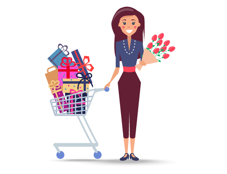 Cheerful Woman with Shopping Trolley Full of Giftsのイラスト素材