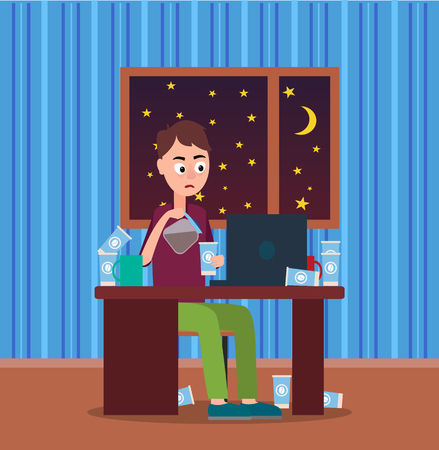 Lot of Coffee Cups and Tired Boy Colorful Bannerのイラスト素材