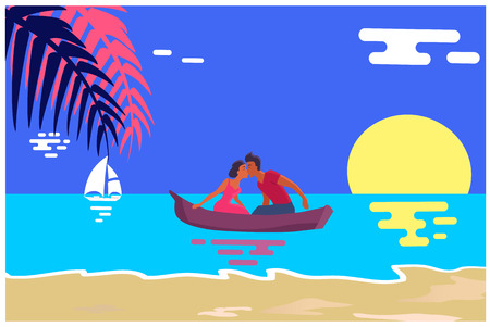 Summer Love Banner with Kissing Couple in Boatのイラスト素材