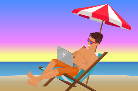 Joyful Man with Laptop on Beautiful Evening Beachのイラスト素材