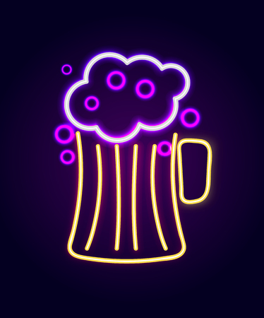 Beer pint with foam neon sign, cup made of glass with alcoholic drink and bubbles, beverage served at pubs and bars, isolated on vector illustrationのイラスト素材